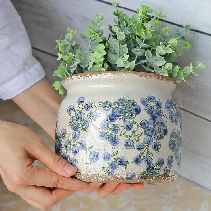 Ceramic Planters Spring Decor, 6.29in Country Cottage Plant Pots with Drainage Hole for Indoor Plants & Succulent, Vintage Crackle Glaze Finish Flower Vase, Home Decor Gifts, Deep Blue Floral