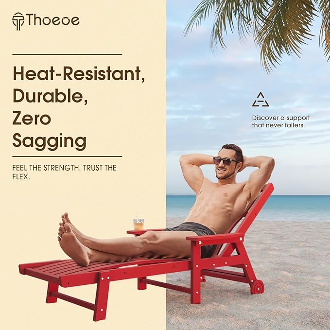 Patio Chaise Lounge Chair, Oversized Lounge Chair Outdoor with 5 Positions, HDPE, Patio Lounge Chair with Wheels & Cup Holder for Pool, Deck, Poolside,Red