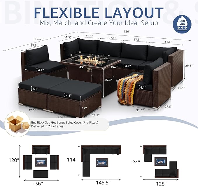 NICESOUL 9 Piece Patio Furniture Set with Fireplace Natural Gas/Propane, 29.3'' High Back Large Wicker Outdoor Sectional Sofa Sets, Deep Seat Sitting Area Backyard, Brown Rattan and Black Cushion