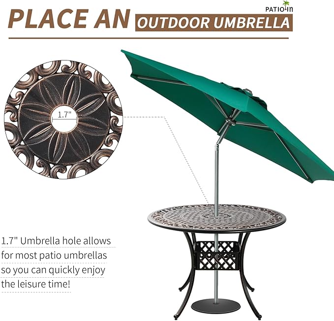 41" Round Patio Dining Table with Umbrella Hole, Outdoor Cast Aluminum Bistro Conversation Outdoor Table for Backyard Porch Pool Balcony Deck