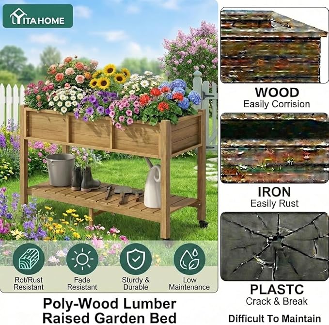 YITAHOME Raised Garden Bed HDPE, 47x18x31In Raised Flower Bed Poly-Wood Weather-Resistant Elevated Planter Box with Lockable Wheels & Storage Shelf for Vegetable Flower, Brown