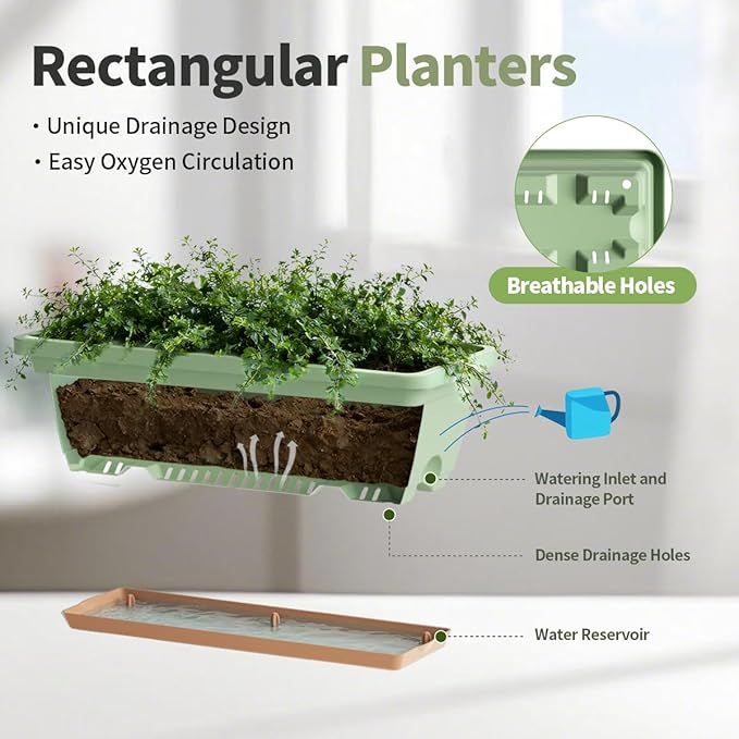 Window Box Planter, 6 Pack Plastic Vegetable Flower Window Planters Boxes 16 Inches Rectangular Flower Pots with Drainage Holes and Saucers (Green)