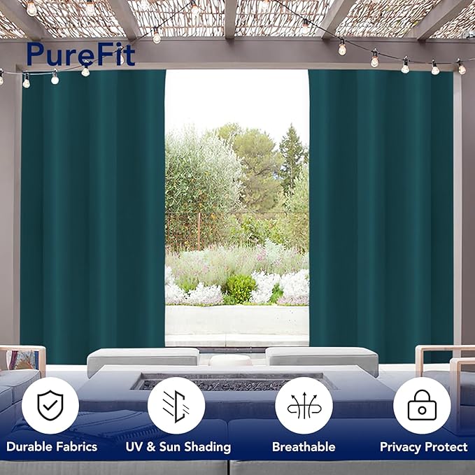PureFit Outdoor Curtains for Patio Waterproof Weatherproof, UV and Fade Resistant Outside Curtains for Gazebo, Front Porch, Pergola, Sun Blocking Privacy Curtain, 52W x 95L inch, 1 Panel, Teal