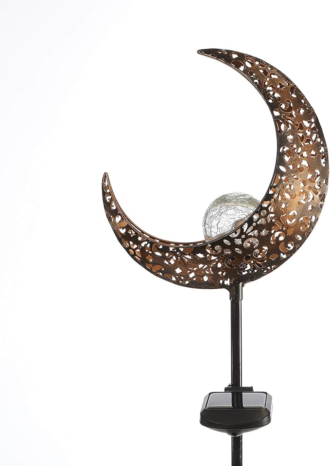 Solar Garden Light Outdoor Decorative, Moon Decor Crackle Glass Globe Garden Stake Metal Lights，Waterproof Warm White LED for Pathway, Lawn, Patio, Yard Ornaments for Outside
