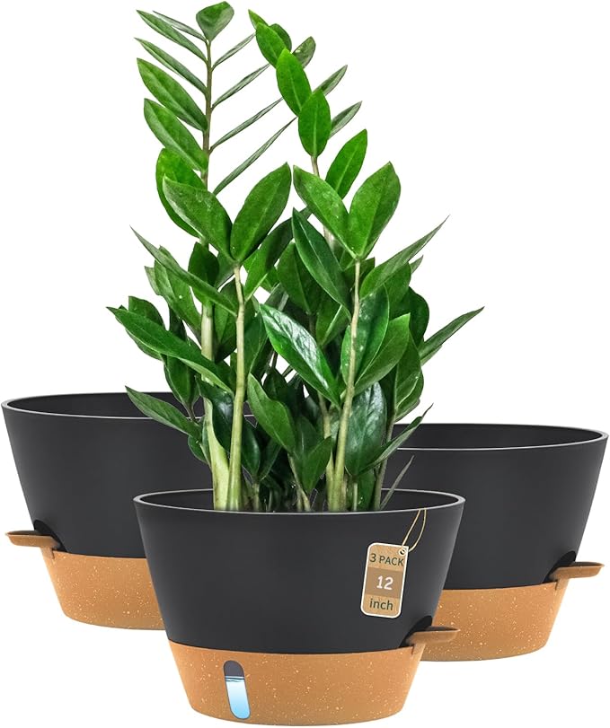 12-Inch Self Watering Planters with Drainage Holes, Large Flower Pots for Indoor Outdoor Plants, Garden Pots Grey 3 Pack
