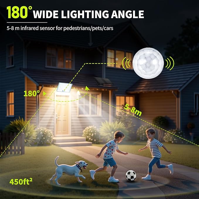 2pack 184 LED Solar Motion Lights Outdoor, Solar Wall Lights Outdoor Waterproof with 3 Modes Adjustable, Dusk to Dawn Solar Powered Security Light, Auto On/Off, for Porch, Patio