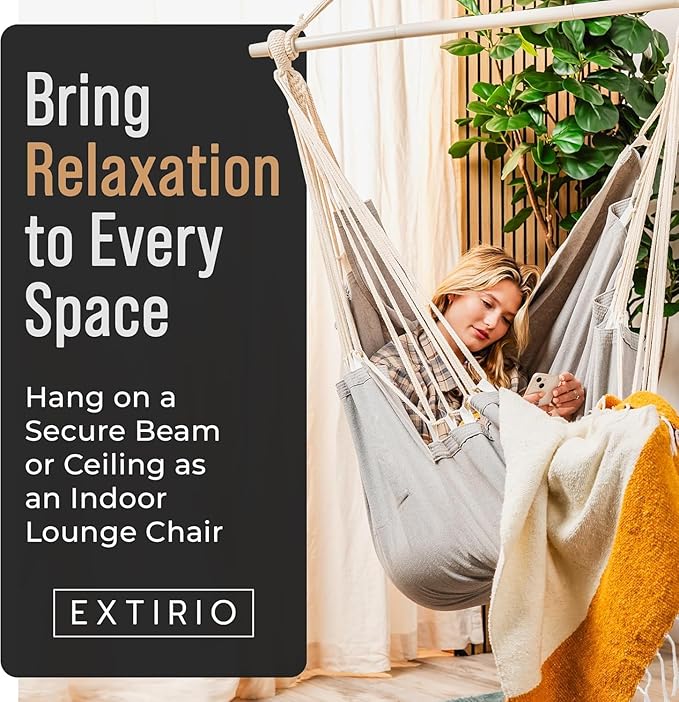 Hanging Hammock Chair Swing – Hanging Chair Outdoor & Indoor - Hammock Swing Chair – Quick & Easy Setup with Hardware Kit – Durable & Spacious Full Body Support with 2 Plush Cushions – Holds 440 Lbs
