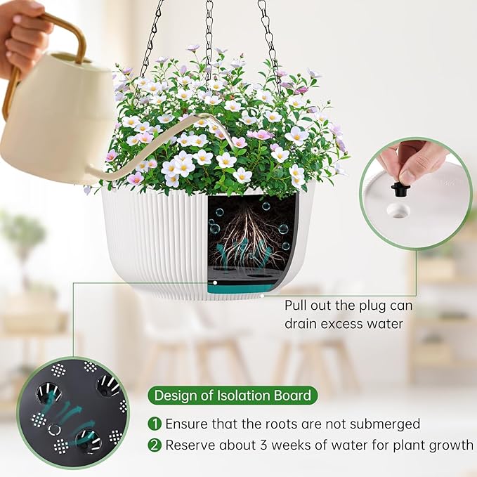 11.2 Inch Hanging Planters for Outdoor Indoor Plants, Set of 2 Self-Watering Hanging Pots with Drainage Hole & Plug II Screw-in Hooks II Non-deforming