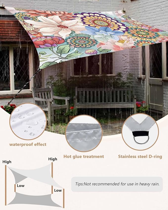 Sun Shade Sail 8'x10' Boho Floral Rectangle Sun Shade Sails Canopy Waterproof Mandala Flowers Plant Outdoor Sunshades Sand UV Block Cover Shade Cloth for Patio Backyard Garden Deck Porch Lawn