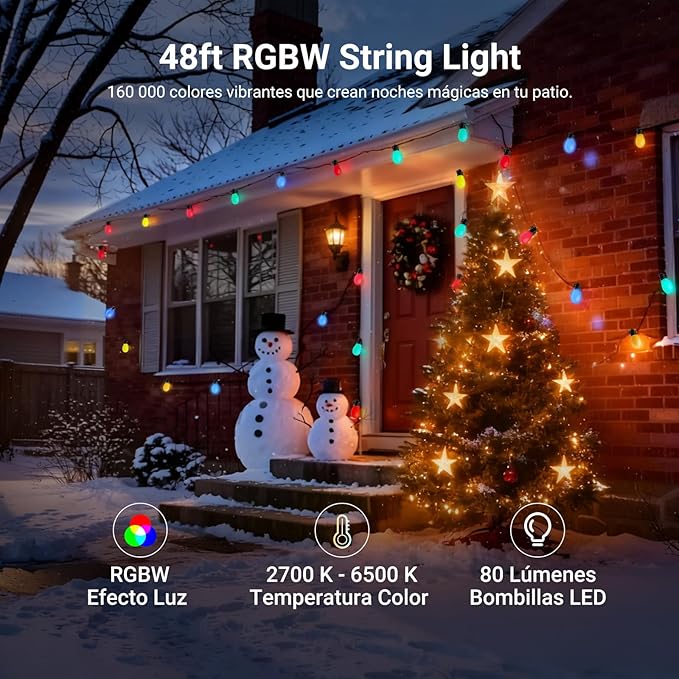 NEEWER 48ft Outdoor String Lights, App Control Smart AI RGBW Hanging Outside Patio Balcony Backyard Holiday Lighting, IP65 Waterproof, 15 LED Bulbs, 50+ Scenes, Compatible with Alexa Google, NR01