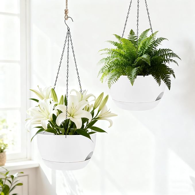 Set of 2-8 Inch Self Watering Hanging Planters for Indoor Outdoor，Hanging Plant Pots with Drainage & Removable Tray, Hanging Pots Holder for Ivy, Pothos, Ferns, Balcony & Patio, White