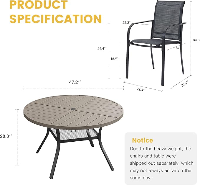 VICLLAX Patio Table and Chair Set of 4, All Weather Metal Round Outdoor Dining Furniture Set-40.6" Round Outdoor Table and Chairs, Grey Wood Grain Tabletop
