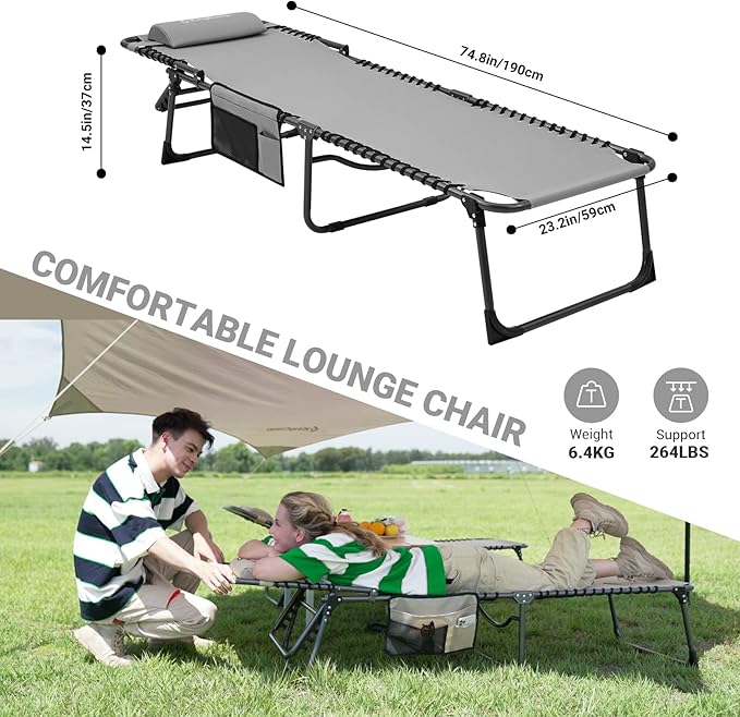 KingCamp Lounge Chair Outdoor, Folding Tanning Chairs Comfy Adjustable 5-Position Lay Flat Foldable Chaise Chaser Lounger with Pillow for Outside Beach Patio Sun Bathing Pool Backyard, Grey