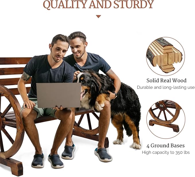 VINGLI Rustic Wooden Wheel Bench Outdoor Bench, Patio Bench Wagon Slatted Seat, Garden Benches for Outdoors 350lbs High Capacity, Weather Resistance (Rustic, 41in)