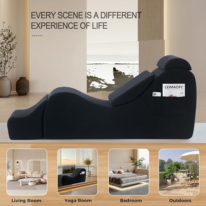 Yoga Chair Lounge for Adult, Ergonomic Chaise Lounge Chair with Side Pocket, Headrest, Waist Pad, Ottoman，Perfect for Stretching, Massage, and Relaxation, Used in Living Room, Bedroom（Black）