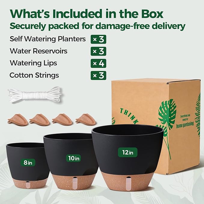 T4U 3 Pack Self Watering Pots (8"+10"+12") - Water Level Indicator & Deep Reservoir, Mess-Free Planters for Busy People, Beginners & Gardeners, Fits Pothos to Monstera, Indoor Outdoor Use (Black)