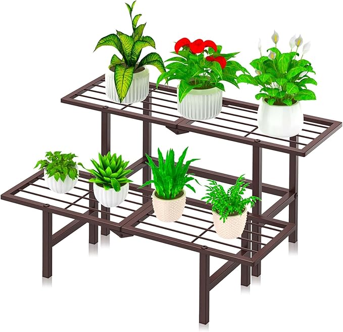 2 Tier Plant Stand Indoor Outdoor, Foldable Metal Separated Ladder Plant Stands, Plant Shelf Multiple Flower Pot Holder Display Shelving for Garden Living Room Patio,Brown