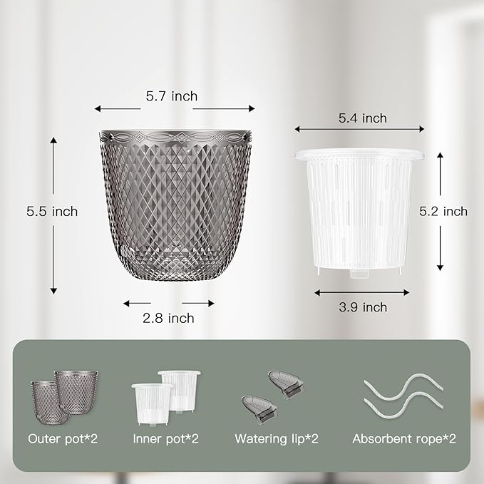 QCQHDU 2 Pack Self Watering Pots, 5.7 Inch Flower Pots with Drainage Holes and Water Filling Port, Garden Planter for Indoor Outdoor Plants (Gray)