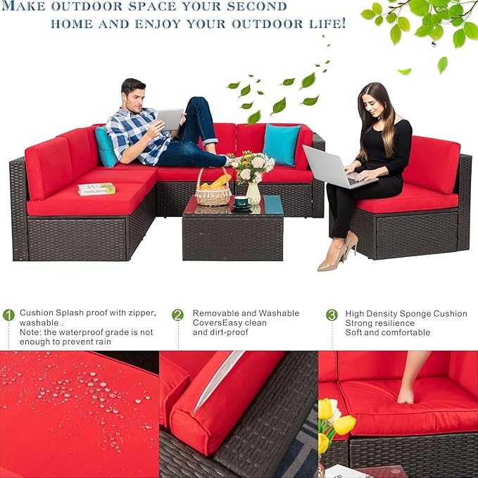 Vongrasig 7 Pieces Patio Furniture Sets, Outdoor All-Weather Wicker Patio Conversation Sets, L-Shaped Rattan Sectional Patio Sofa with Glass Table for Backyard, Red