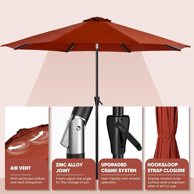 Tempera Patio Market Outdoor Table Umbrella with Auto Tilt and Crank, Large Sun Umbrella with Sturdy Pole & Fade Resistant Canopy, Easy to Set