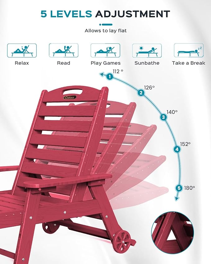 Ciokea Lounge Chair Outdoor, Oversized Chaise Lounge Chair with 5 Positions, HDPE, Patio Lounge Chair with Wheels & Cup Holder for Pool, Deck, Poolside, Red