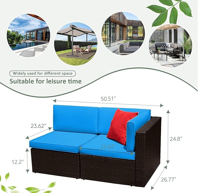 Devoko 2 Pieces Patio Furniture Sofa Sets Outdoor All Weather Sectional Corner Sofa and Armless Sofa (Blue)