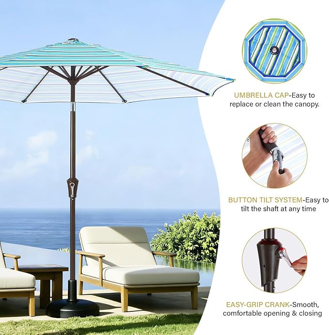 MEWAY 9ft Patio Umbrella Outdoor Table Umbrellas with Push Button Tilt and Crank, Market Umbrella 8 Sturdy Ribs for Deck, Garden, Pool and Backyard, Blue Green Stripe