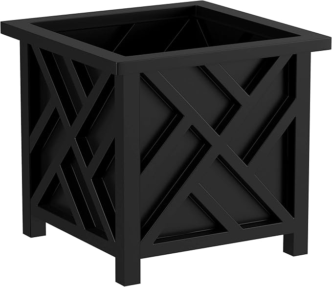 Lattice Design Outdoor Planter Box - 14.75” Square 13” Tall Black Plant Pot - Decorative Plant Pots for Front Porch Decor - Flower Pots Outdoor Planters for Porch Patio or Garden Decor by Pure Garden