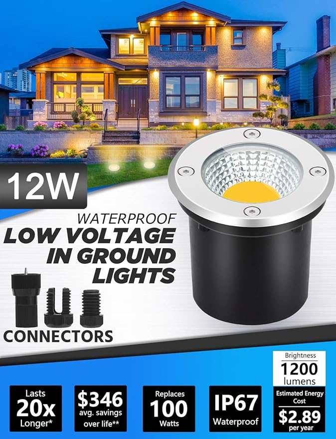 SUNVIE Low Voltage Landscape Well Lights with Wire Connectors, 12W LED, IP67 Waterproof Outdoor In-Ground Garden Lights 12V-24V Warm White for Pathway Driveway Deck (10 Pack & Connectors)