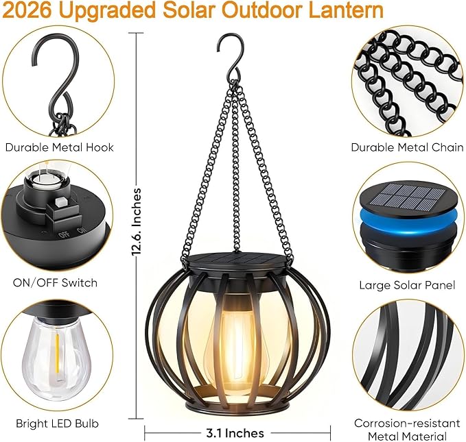 Solar Lanterns Outdoor Waterproof: 2 Pack Metal Hanging Decorative Solar Lights for Pathway Patio Garden Yard - 800mAh Lighting Auto On/Off - IP65 Rustproof Outdoor Lights - Gifts for Mom Women