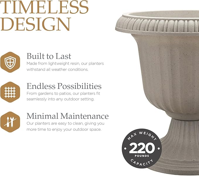 Southern Patio 2 Pack Utopian Urn Planter, Large 14 Inch Outdoor Pot, Lightweight Garden, Entryway, or Walkway Accessory with UV-Coated Finish, Stone