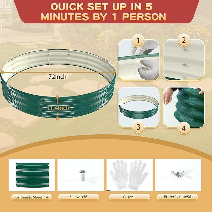Durable Round Galvanized Steel Raised Garden Bed for Planting,Round Galvanized Steel Fire Ring/Fir Pit for Outdoor- 6×6×1FT,0.8MM Thick (Dark Green, 72 ins Diameter x 12 ins high)