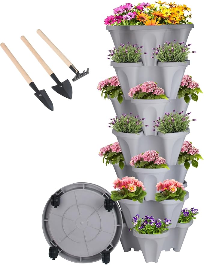 GameXcel Vertical Planter 7 Tier Stackable Planters Garden Planters Strawberry Herb Flower and Vegetable Planter Indoor Outdoor Gardening Pots with Removable Wheels and Tools - Gray