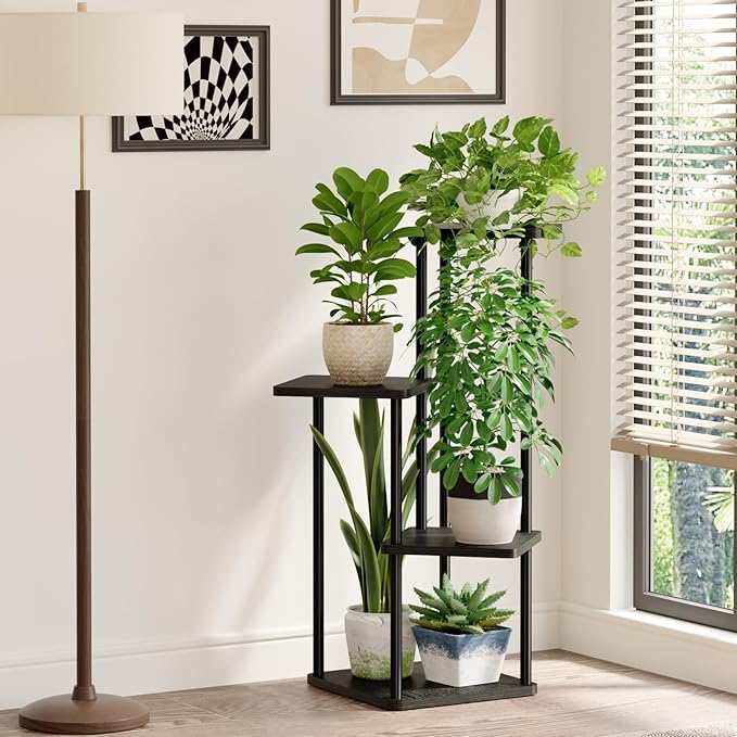 Bamworld Small Plant Stand Indoor 4 Tier Metal Plant Shelf for Multiple Plants Corner Flower Stand for Patio Garden Balcony Living Room Bedroom Dark brown