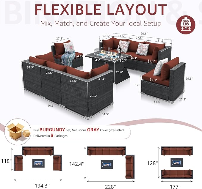NICESOUL 9 Piece Large Patio Furniture Set with Fire Pit Table Propane/Natural Gas, 29.3'' High Back Wicker Outdoor Sectional Sofas, Wide Conversations for Heavy Weight, 2 Color Cushions Wine & Gray