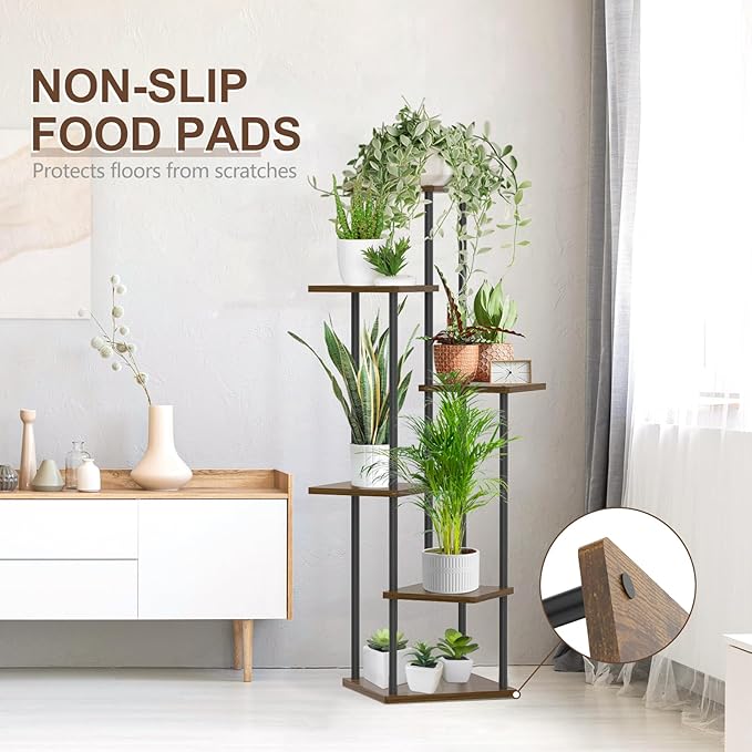 6 Tier Plant Stand Indoor Outdoor, Tall Metal Wood Muti-Level Planter Shelf Holder, Sturdy Large Vertical Corner Orchid Flower Pot Display Rack for Narrow House Decor Office Living Room Bedroom, Oak