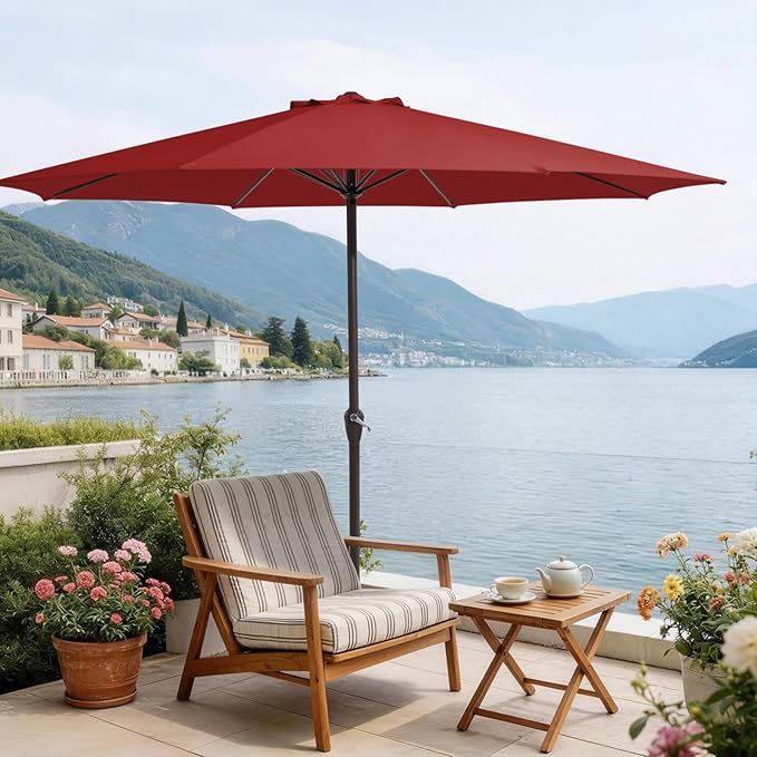 MEWAY 12ft Patio Umbrella Outdoor Table Umbrellas with Crank, Market Umbrella 8 Sturdy Ribs for Deck, Garden, Pool and Backyard, Red