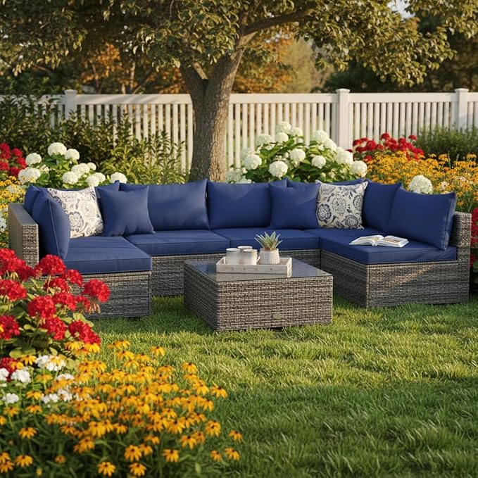 Tangkula 7 Pieces Wicker Patio Furniture Set, All-Weather Outdoor Rattan Sectional Sofa Set with Cushions & Tempered Glass Coffee Table, Outside Sofa Set for Garden, Lawn, Deck, Backyard (Navy)
