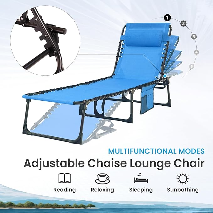 Folding Chaise Lounge Chair - 400lb Capacity, 5-Position Adjustable Recliner with Pillow | Portable for Patio, Pool, Camping & Sunbathing (Blue)