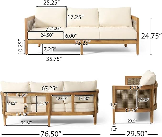 Merax 76.5" Outdoor Acacia Wood Wicker 3 Seater Sofa, Patio Furniture Couch for Backyard