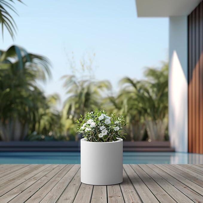 Kante 12.6" Dia Round Concrete Planter, Modern Style Large Cylindrical Plant Pot with Drainage Hole and Rubber Plug for Indoor Outdoor Patio, Pure White