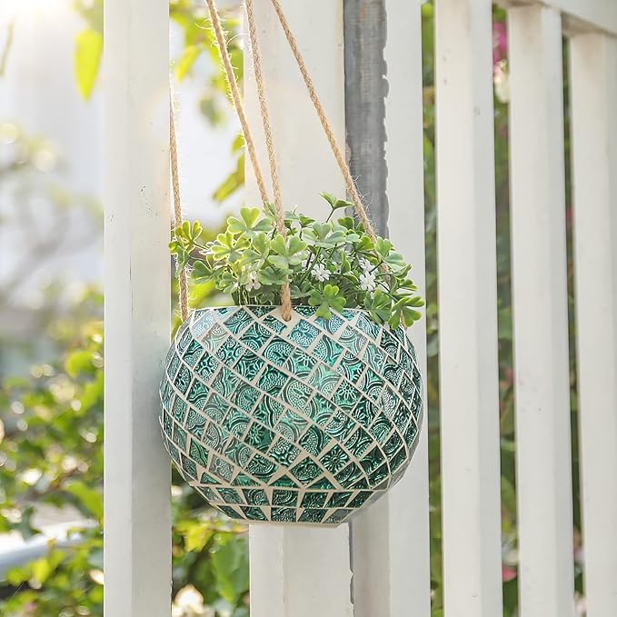 Ceramic Hanging Planter Mosaic Hanging Flower Pot Small Plant Pot for Indoor Plant Disco Ball Planter with Drainage