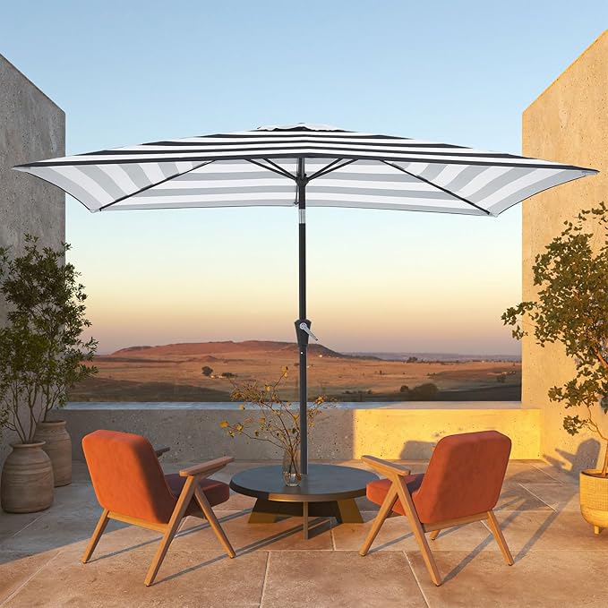 JEAREY 6.5x10 ft Rectangular Patio Umbrellas Rectangle Outdoor Umbrella with Push Button Tilt and Crank, Market Table Umbrella 6 Sturdy Ribs UV Protection for Poolside Garden Backyard Deck, Black-White Stripe