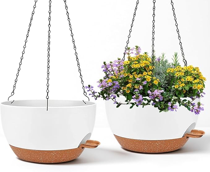 2 Pack 12 Inch Self Watering Hanging Planters for Indoor Plants, Large White Brown Plastic Hanging Pots with Chains for Outdoor Patio Garden Home Decor White Brown
