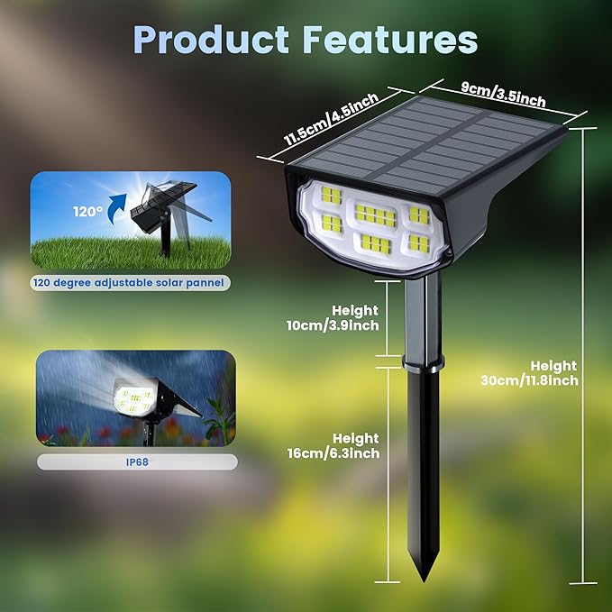 Solar Spot Lights Outdoor IP68 Waterproof, Ultra-Bright Performance，Simple Modes for Easier Operation, Auto On/Off，Solar Powered Landscape Lights for Garden, Yard, Pathway (Cool White, 4 Pack)