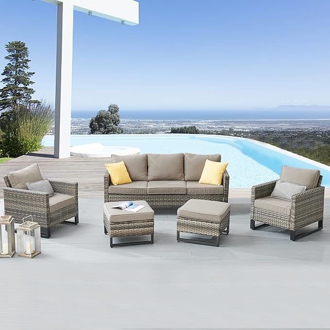 Belord Wicker Patio Furniture 5 Piece Outdoor Sofa Set, Oversize Outdoor Dining Chairs with Rattan Ottomans, Conversation Sets Patio Furniture Come with Removable Washable Cushion Grey