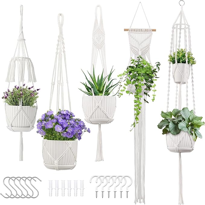 Macrame Plant Hangers, 5Pack Hanging Planters for Indoor Plants w/ 5 Set Hooks Handmade Cotton Rope Hanging Plant Holders Plant Hanger Indoor for Boho Home Decor (Planter Pot Not Included)