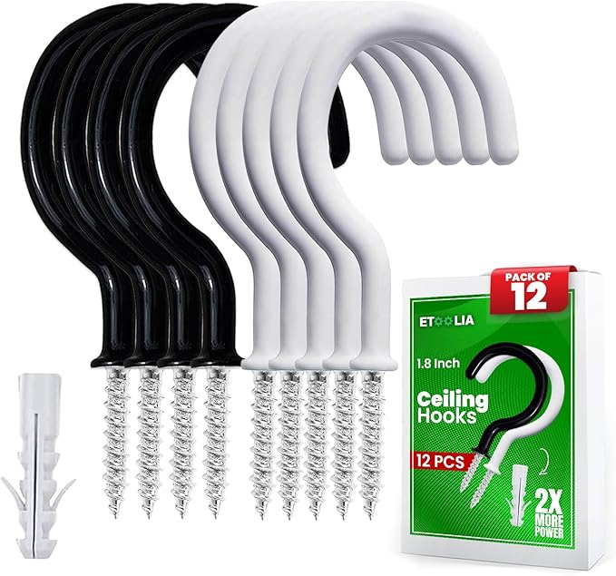 12 Pcs Ceiling Hooks for Hanging Plants, Cups, Utensils and Christmas String Lights, 1-1/4 inch Vinyl Coated Screw-in Plant and Cup Hooks for Wooden and Drywall with Anchors - White & Black