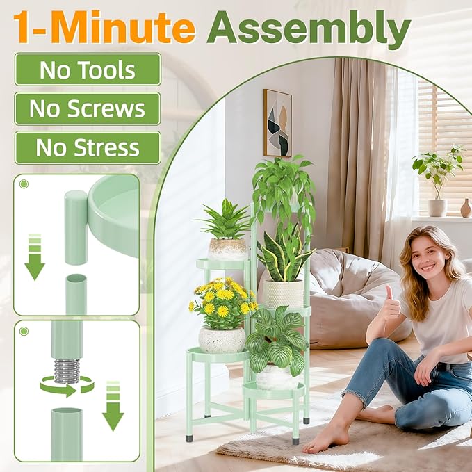 iDavosic.ly Plant Stand Indoor Outdoor, 5 Tier Corner Metal Flower Display Holder Shelf, Easy Assembly Folding Tall Orchid Rack for Patio Balcony Porch Garden Living Room House, Light Green