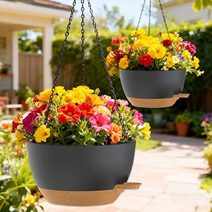 10 Inch Hanging Baskets 2 PC with Chains, Self-Watering Hanging Planters for Indoor Outdoor Plants, Plastic Hanging Flower Pots,Black Brown